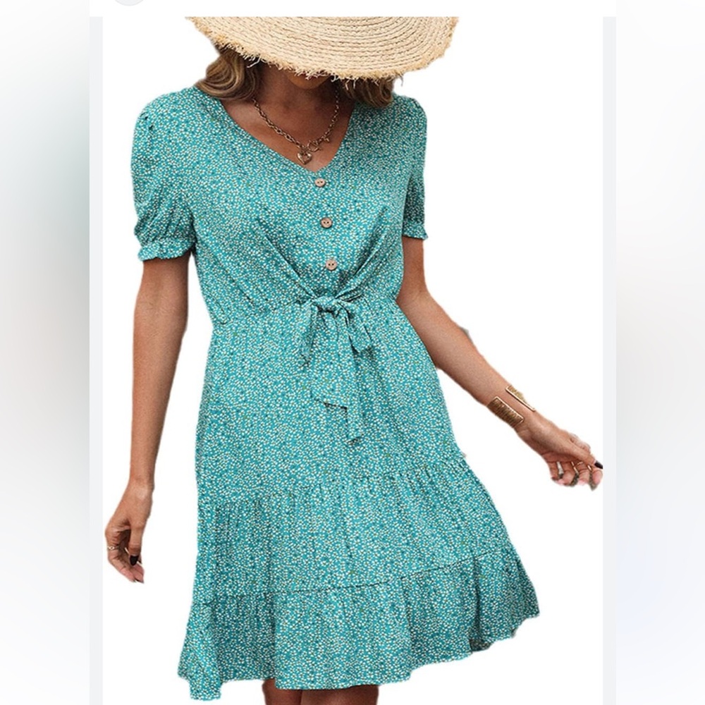 Vibrant green Dress with white Floral Design